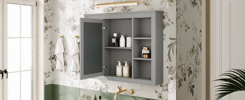 Sleek Wall-Mounted Mirror Cabinet with Open Shelves