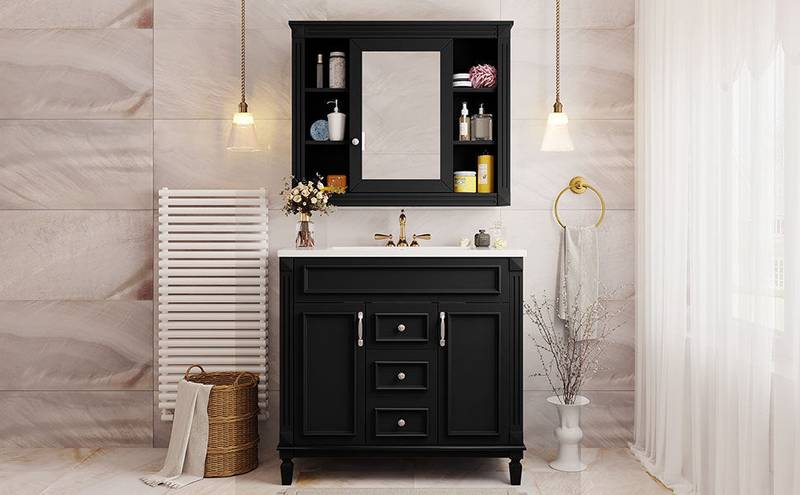 Sleek Black Bathroom Vanity with Mirror & Soft-Close Storage