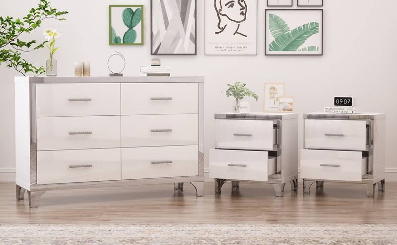 Chic White Dresser & Nightstand Set with Stylish Mirror Accents
