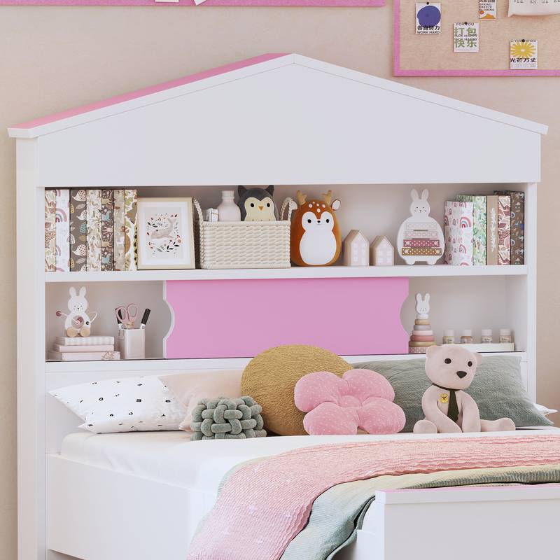 Charming Twin House Bed Set with Storage and Nightstand in Pink and White