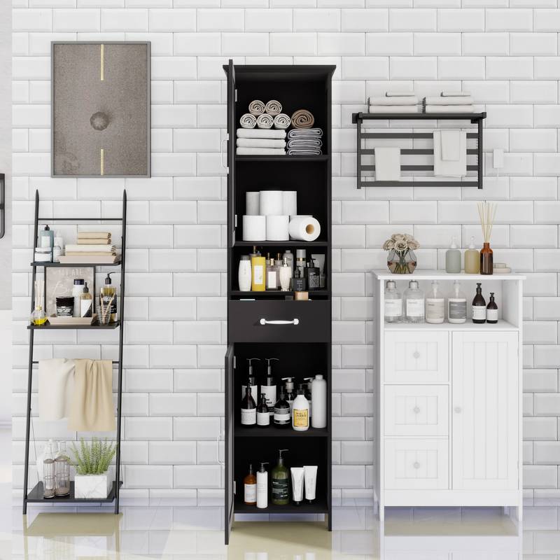 Sleek Slim Floor Cabinet with Adjustable Shelves - Black