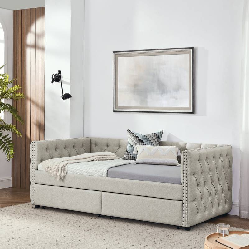 Beige Button-Tufted Twin Daybed with Storage Drawers