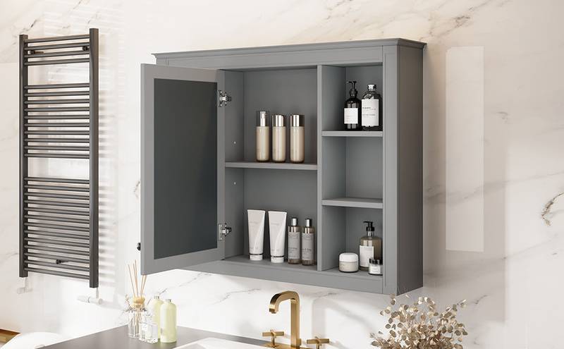 Sleek Wall-Mounted Mirror Cabinet with Open Shelves