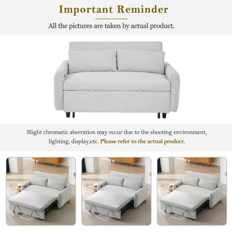 Light Blue Sleeper Sofa with USB Ports and Pillows