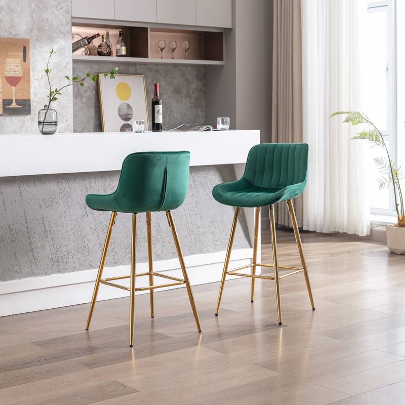 Chic Green Velvet Bar Stools with Gold Legs - Set of Two