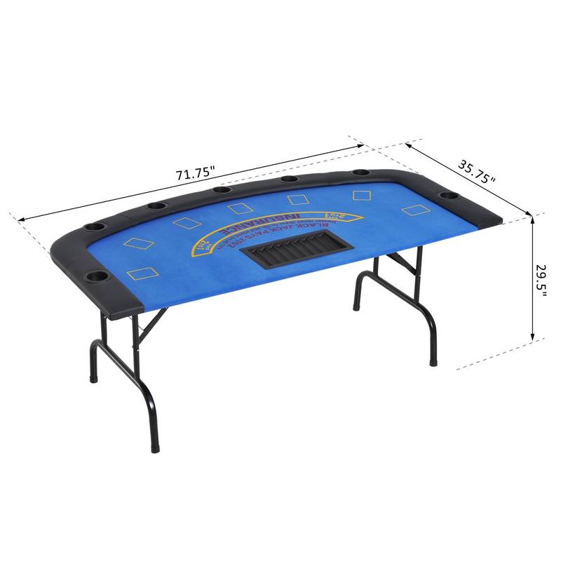 Foldable 7-Player Poker & Blackjack Table with Cup Holders – Blue Felt Fun!