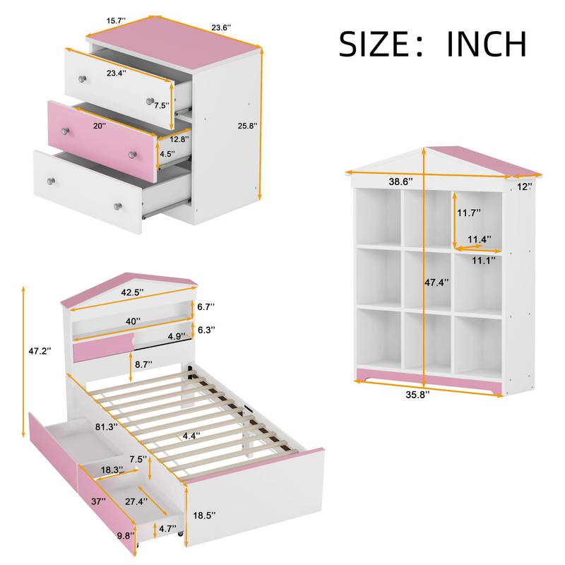 Charming Twin House Bed Set with Storage and Nightstand in Pink and White