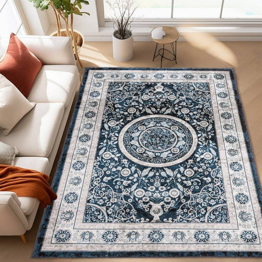 Navy Blue Vintage Bohemian Flower Area Rug