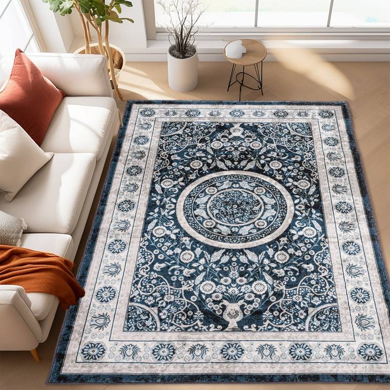 Navy Blue Vintage Bohemian Flower Area Rug