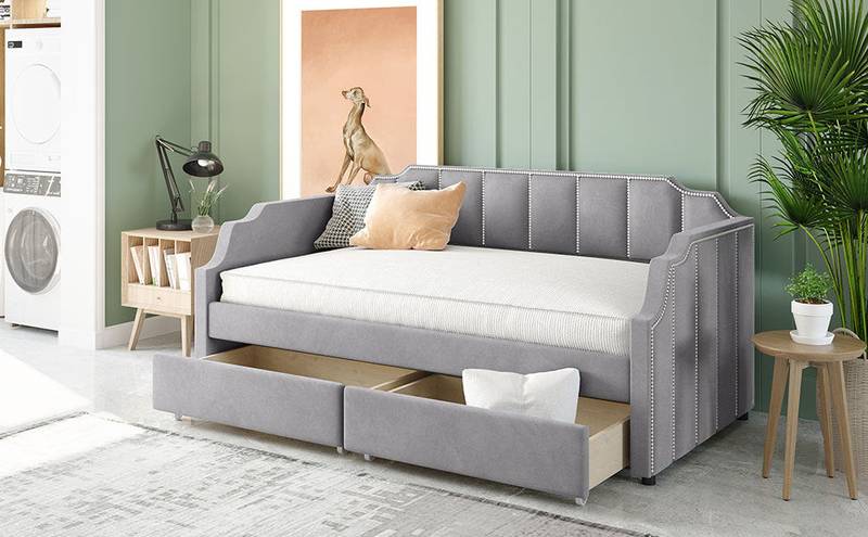 Cozy Gray Upholstered Twin Daybed with Hidden Storage