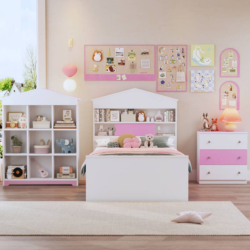 Charming Twin House Bed Set with Storage and Nightstand in Pink and White