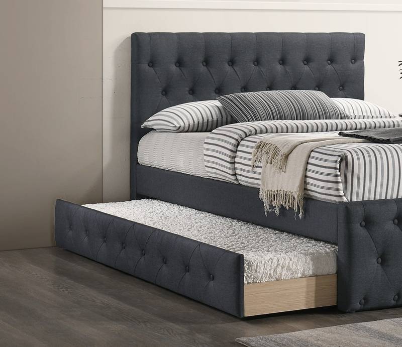 Cozy Charcoal Twin Bed with Trundle and Tufted Headboard