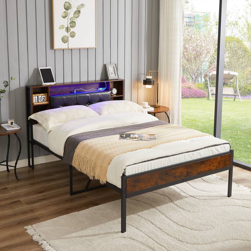 Rustic Brown Storage Bed with Charging Headboard