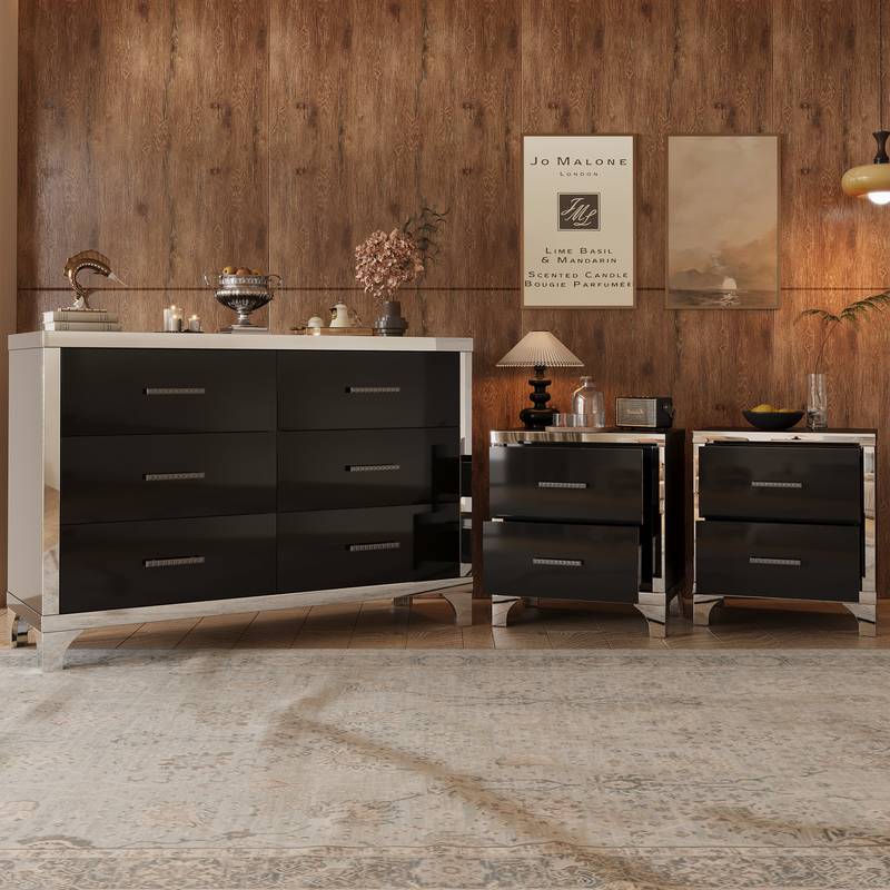 Chic Black Dresser and Nightstand Duo with Mirror Accents
