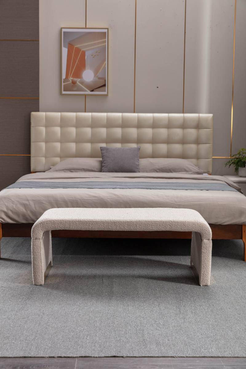 Chic Beige Boucle Ottoman with Gold Legs