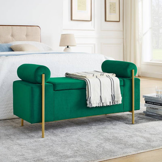 Chic Green Velvet Storage Bench with Stylish Arms