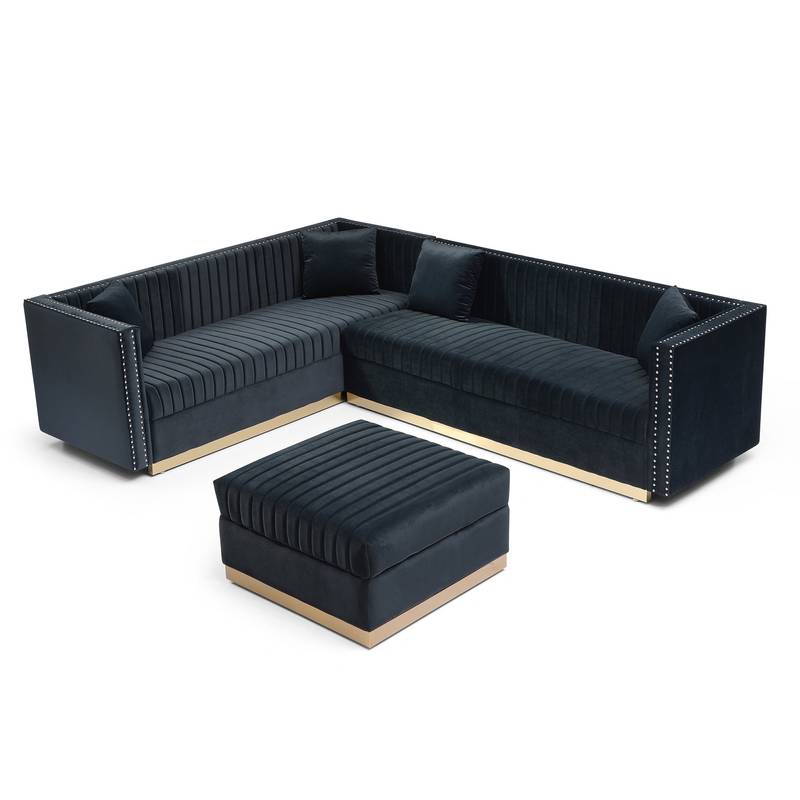 Chic Velvet Corner Sofa with Ottoman & Pillows