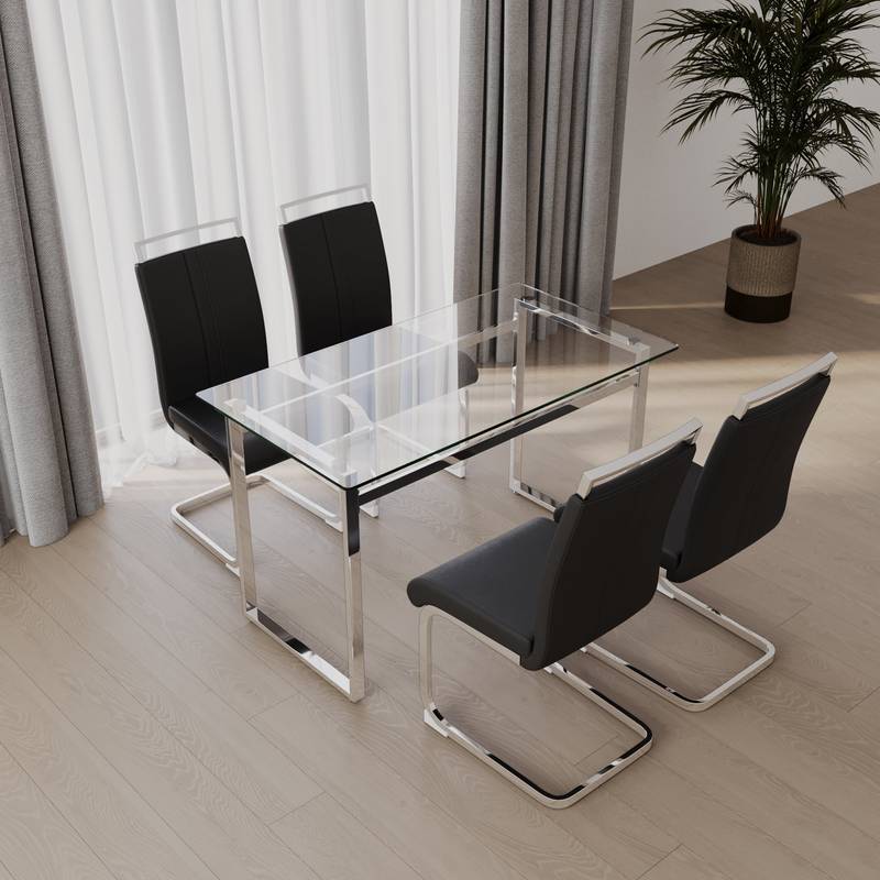 Sleek Glass Dining Set for Four with Chic Silver Legs