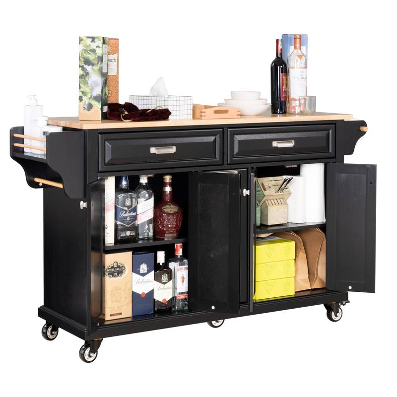 Versatile Kitchen Cart with Rubberwood Top and Ample Storage in Black