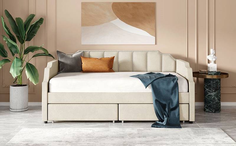 Cozy Beige Twin Daybed with Storage Drawers