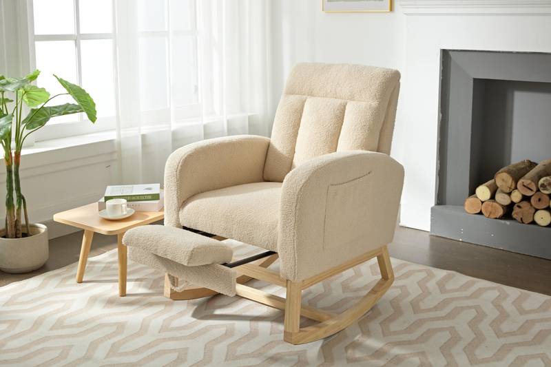 Cozy Rocking Chair with Wood Legs & Adjustable Footrest