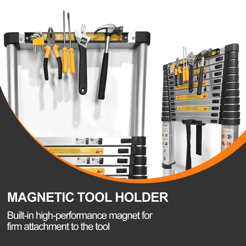 Versatile Telescopic Ladder with Rotating Stabilizer and Magnetic Tool Holder