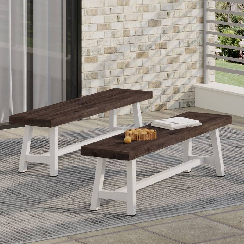 Chic Dark Brown & White Outdoor Benches (Set of Two)