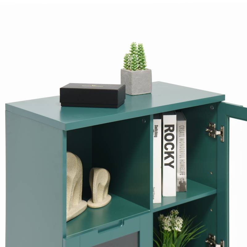 Chic Green Cabinet with Glass Doors and Open Storage