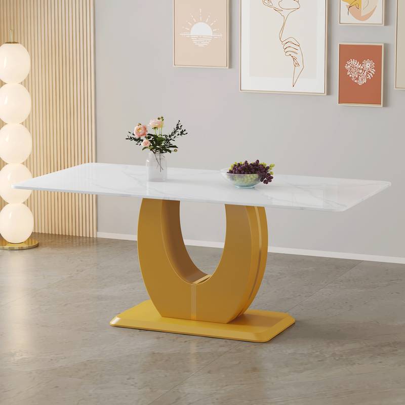 Elegant Marble-Style Dining & Desk Table with Gold Legs
