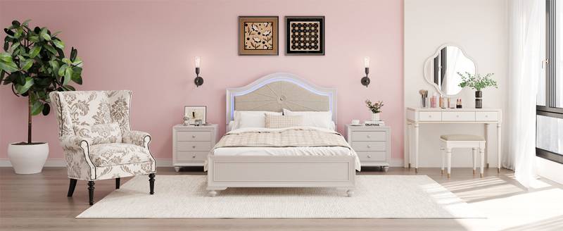 Cozy Cream Grey Queen Bedroom Set with LED Headboard & Nightstands