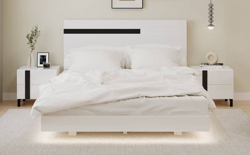 Sleek White LED Bedroom Set with Floating Bed & Nightstands