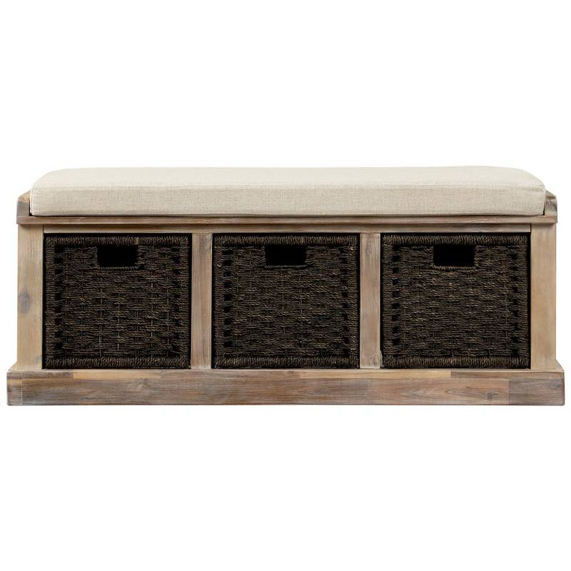 Chic Rustic Storage Bench with Woven Baskets and Cozy Cushion
