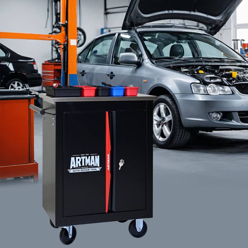 Versatile Double-Door Tool Cart - Black & Red