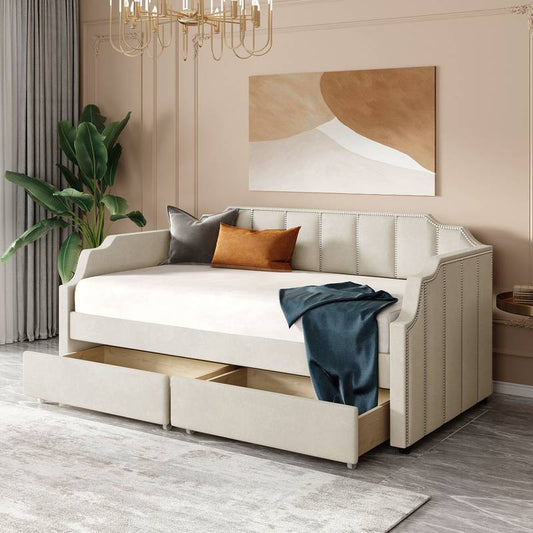 Cozy Beige Twin Daybed with Storage Drawers