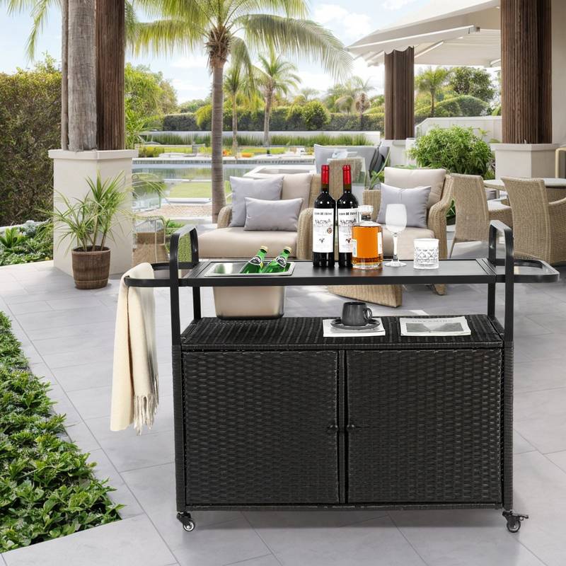 Chic Wicker Bar Cart with Ice Bucket & Lockable Wheels