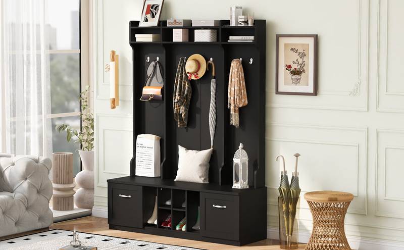 All-in-One Entryway Bench with Coat Rack & Storage