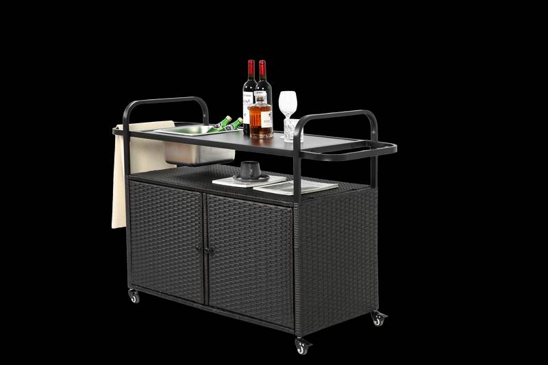 Chic Wicker Bar Cart with Ice Bucket & Lockable Wheels