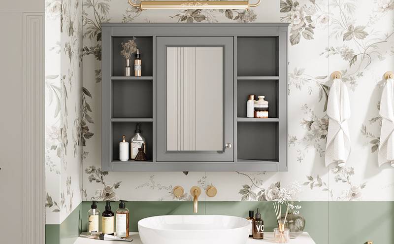 Sleek Wall-Mounted Mirror Cabinet with Open Shelves