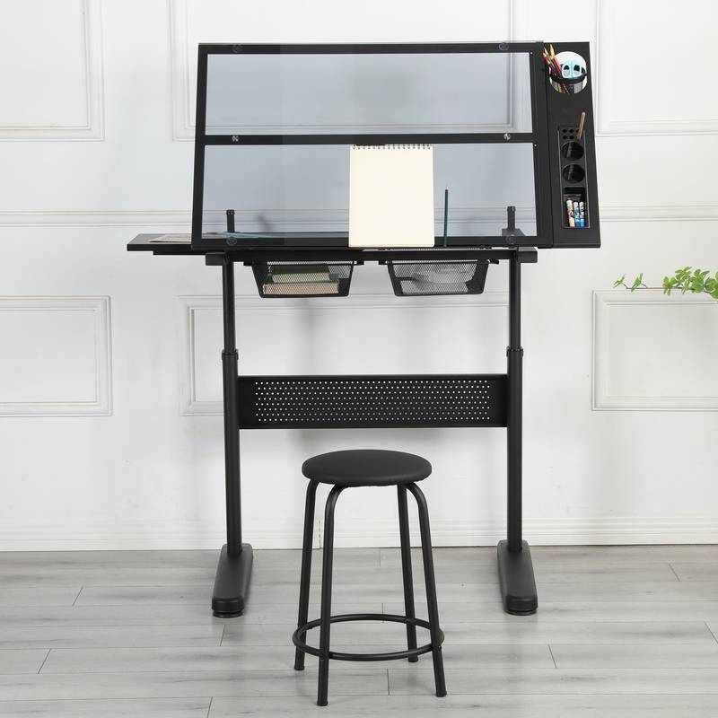 Versatile Hand-Crank Drafting Desk with Stool and Storage