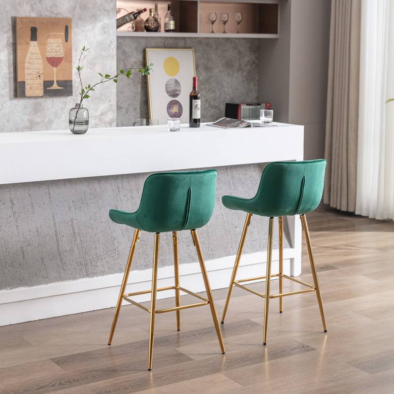 Chic Green Velvet Bar Stools with Gold Legs - Set of Two