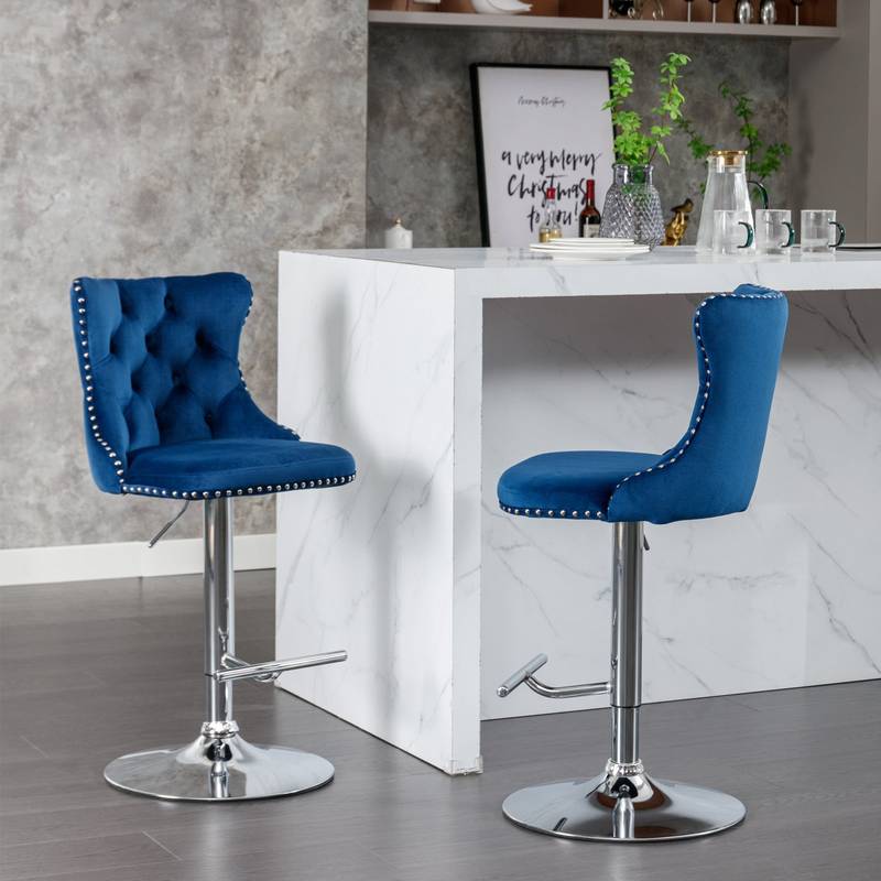 Chic Velvet Swivel Barstools - Set of Two in Blue