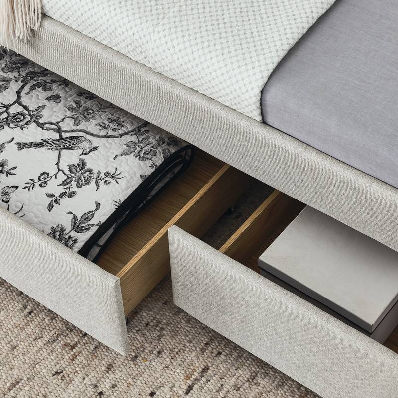 Beige Button-Tufted Twin Daybed with Storage Drawers