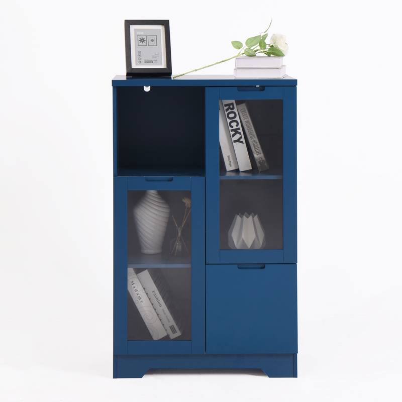 Navy Blue Glass-Front Cabinet with Open Storage