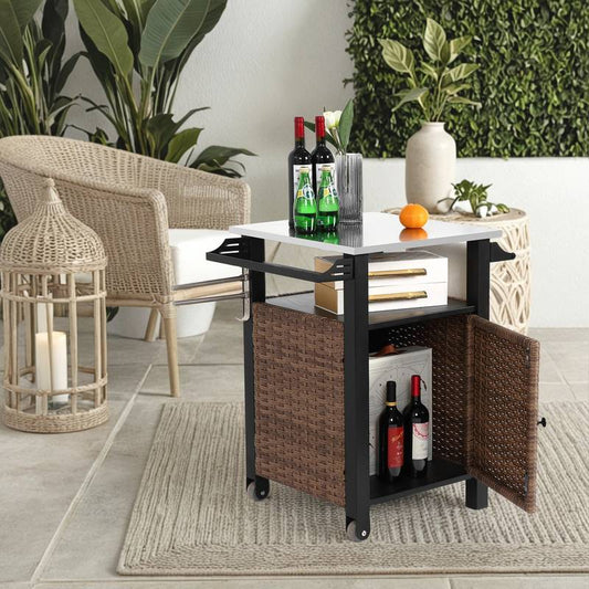 Chic Wicker Rolling Bar Cart with Stainless Steel Top