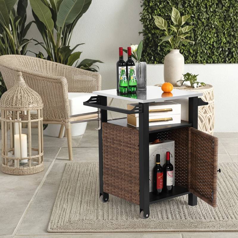 Chic Wicker Rolling Bar Cart with Stainless Steel Top