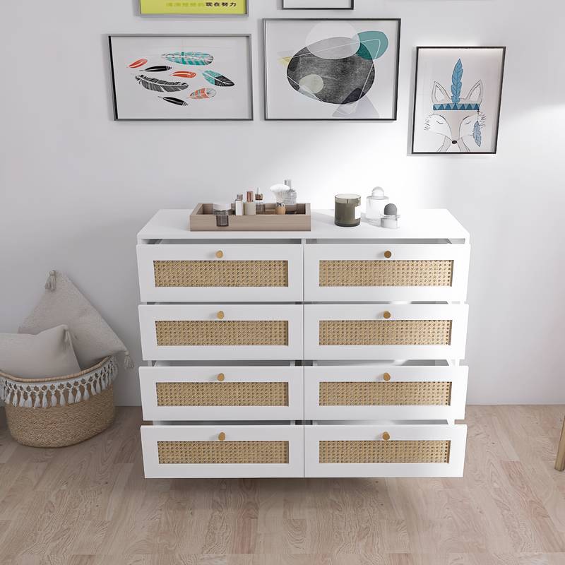 Chic Rattan-Front White Dressers with Gold Accents