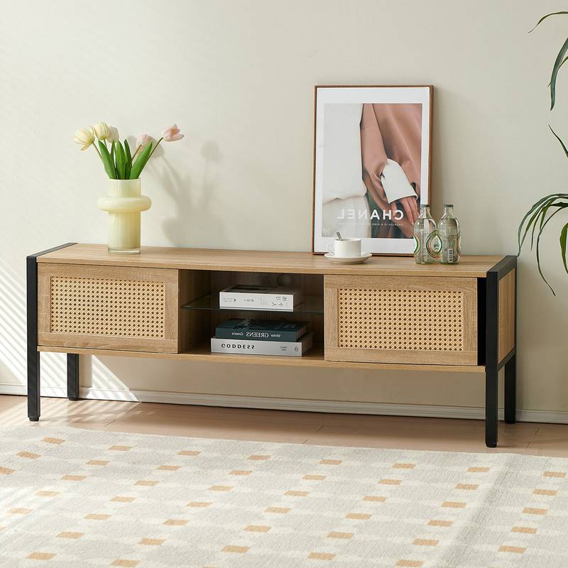 Chic Rattan TV Console with Colorful Light and Storage