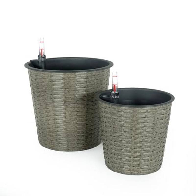 Dual Self-Watering Wicker Planters - Round Grey Decor