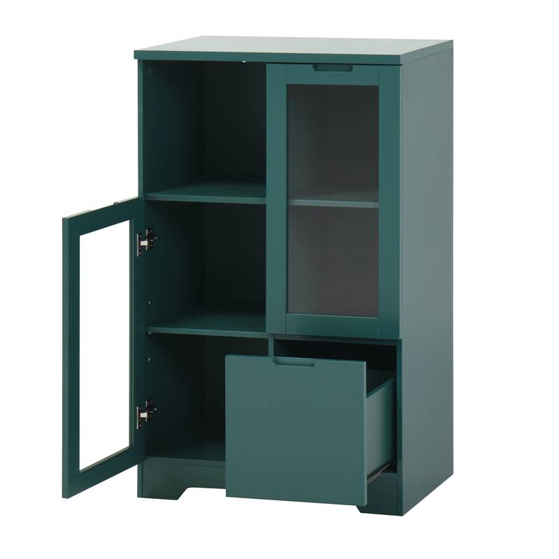 Chic Green Cabinet with Glass Doors and Open Storage