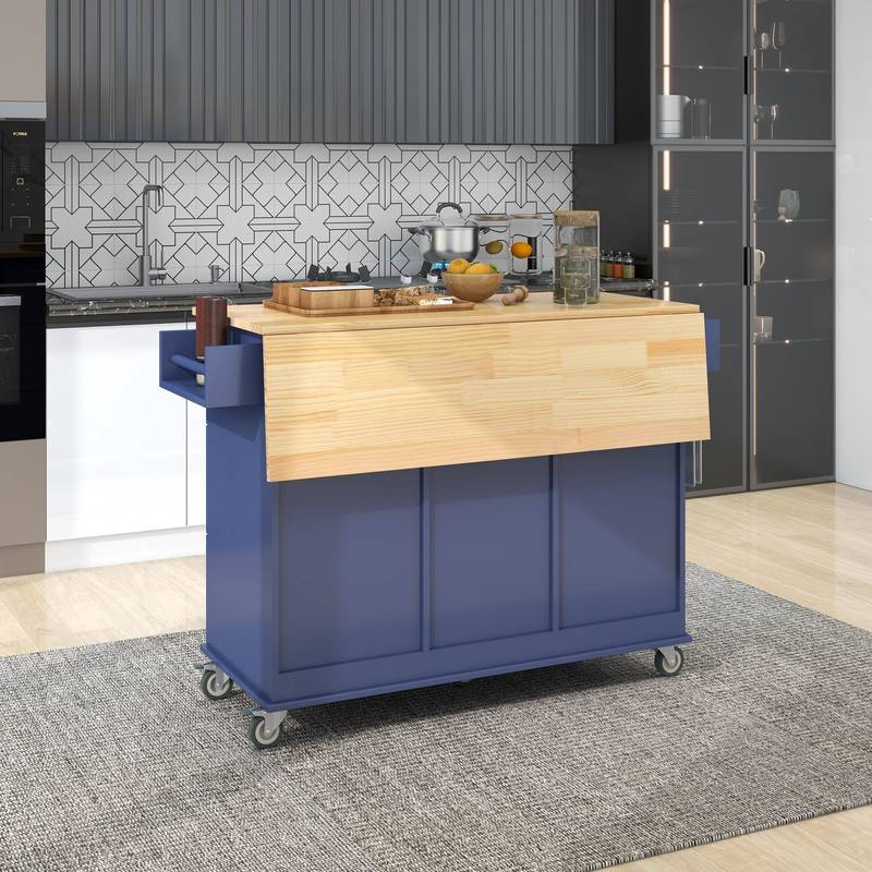 Blue Rolling Kitchen Island with Drop Leaf & Storage